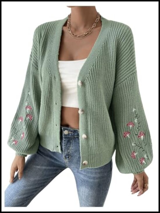 Sweaters - Womens Embroidery Cardigan Drop Shoulder Button Front Duster Knit Sweater